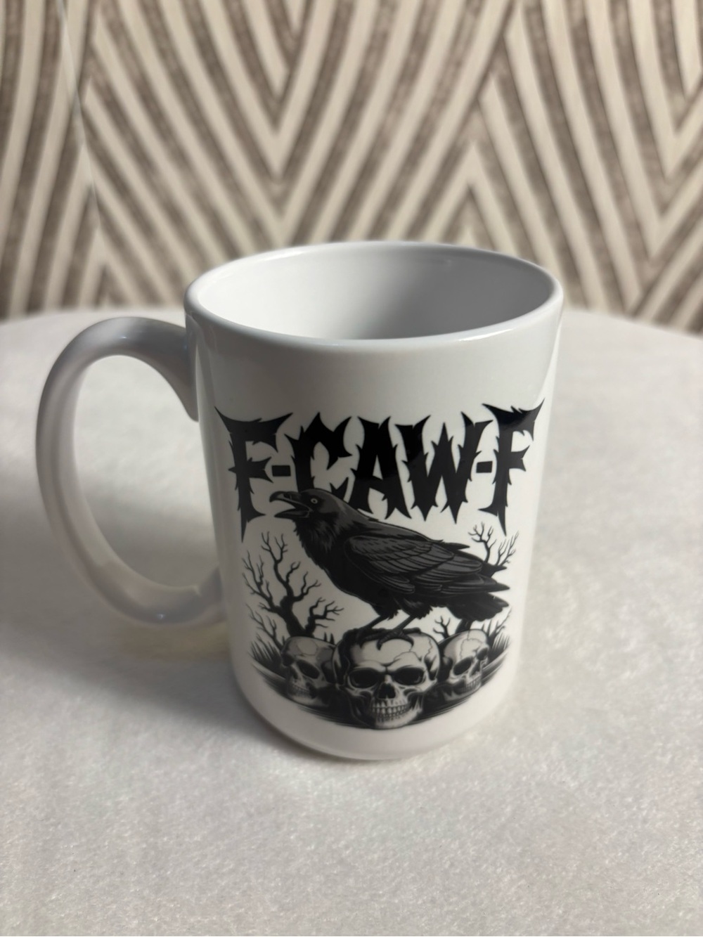 Funny scary Halloween F-CAW-F skeletons and crow bird mug